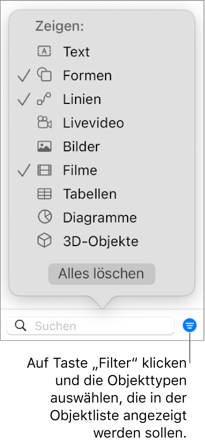 Das geöffnete Einblendmenü „Filter“ mit verschiedenen Objekttypen (Text, Formen, Linien, Bilder, Filme, Tabellen und Diagramme), die in der Liste enthalten sein können