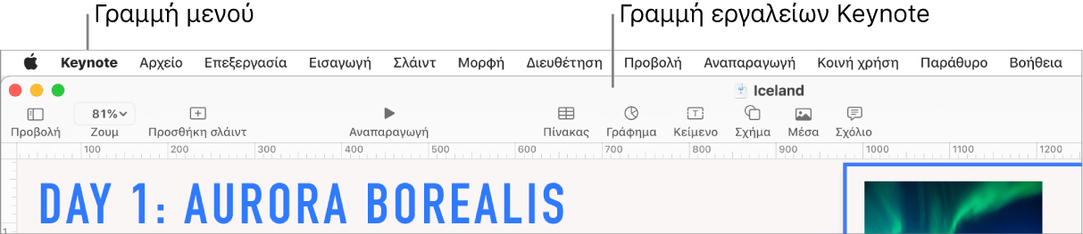 Η γραμμή μενού στο πάνω μέρος της οθόνης με τα μενού: Apple, Keynote, Αρχείο, Επεξεργασία, Εισαγωγή, Μορφή, Διευθέτηση, Προβολή, Αναπαραγωγή, Κοινή χρήση, Παράθυρο, και Βοήθεια. Κάτω από τη γραμμή μενού εμφανίζεται μια ανοιχτή παρουσίαση Keynote με τα κουμπιά της γραμμής εργαλείων «Προβολή», «Ζουμ», «Προσθήκη σλάιντ», «Αναπαραγωγή», «Πίνακας», «Γράφημα», «Κείμενο», «Σχήμα» και «Πολυμέσα» στο πάνω μέρος.