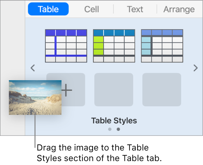 Dragging an image into the table styles to create a new style.