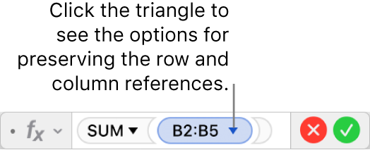 The Formula Editor showing how to preserve the row and column of a range references.
