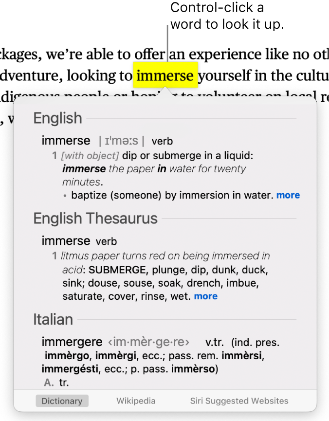 Text with a highlighted word and a window showing its definition as well as a thesaurus entry. Two buttons at the bottom of the window provide links to the dictionary and to Wikipedia.