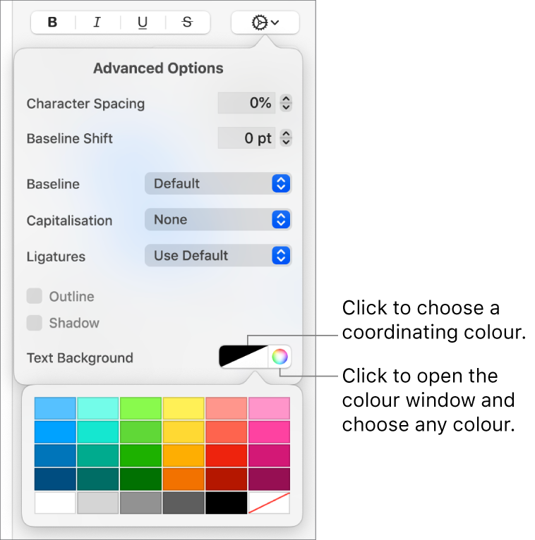 Controls for choosing a background colour for text.