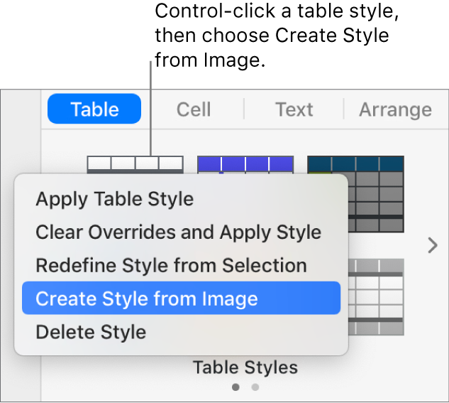 The table style shortcut menu.