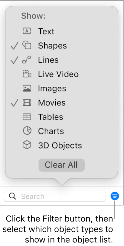 The Filter pop-up menu open, with a list of the types of objects the list can include (text, shapes, lines, images, movies, tables and charts).