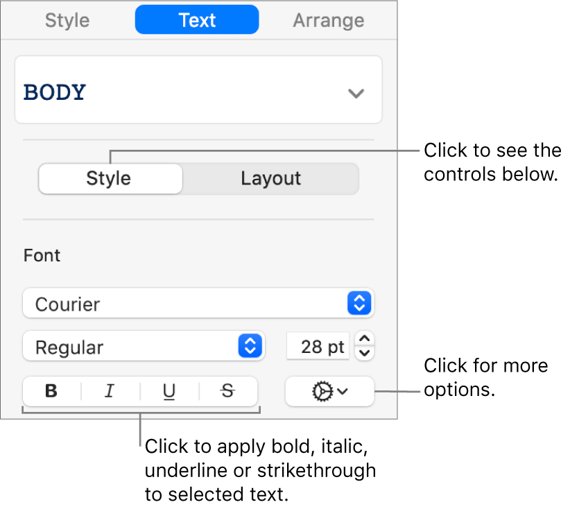 The Style controls in the sidebar with callouts to the Bold, Italic, Underline and Strikethrough buttons.