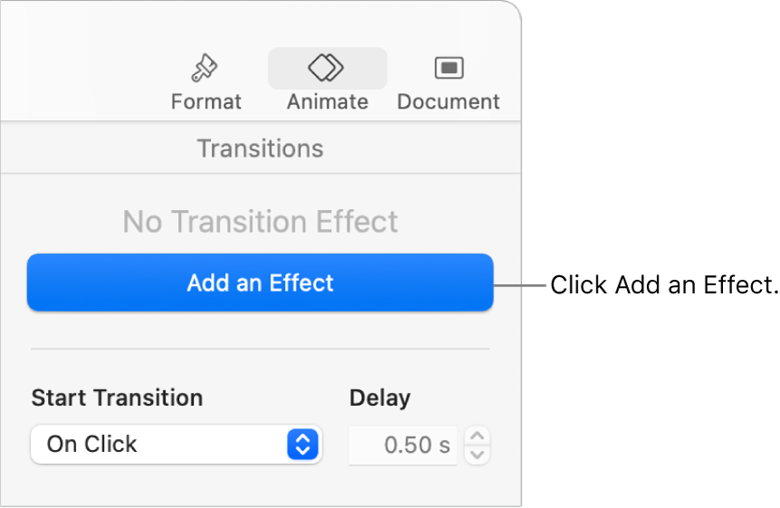Add an Effect button in the Animate section of the sidebar.