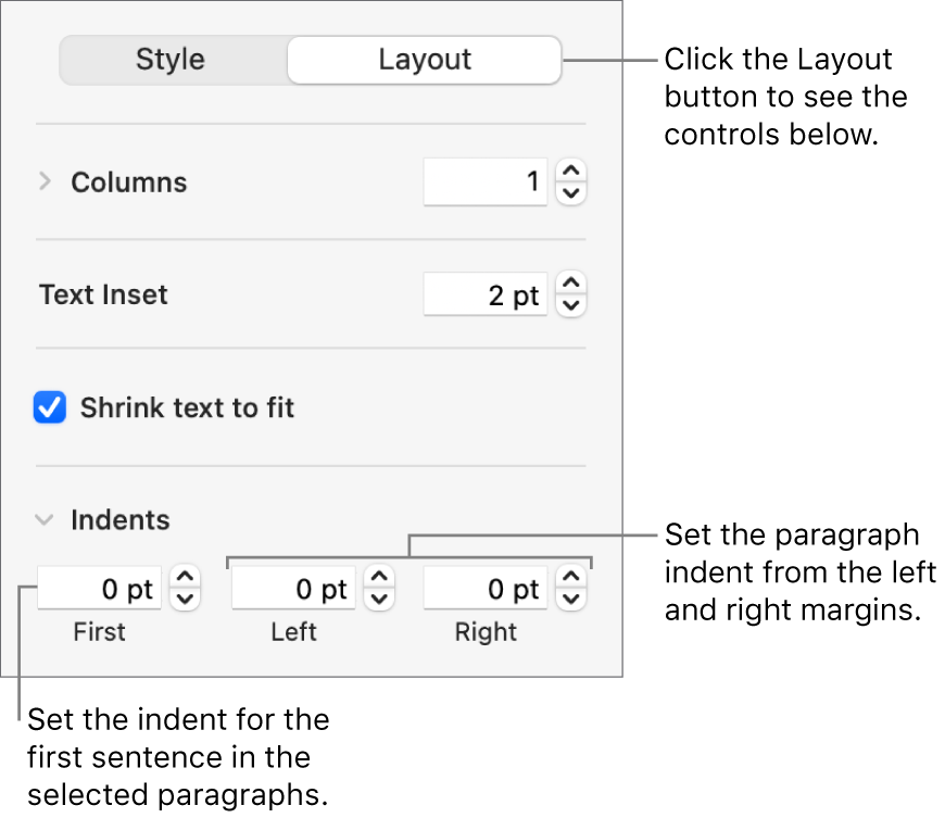 The Layout section of the Format sidebar showing controls for setting the first line indent and paragraph margins.