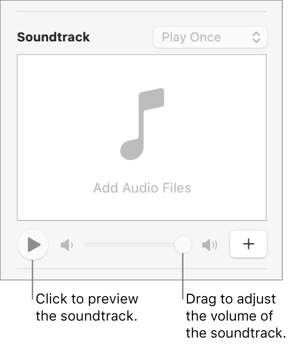 The Soundtrack controls with the Play button and volume slider called out.