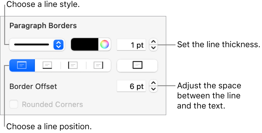 Controls to change the line style, thickness, position, and color.