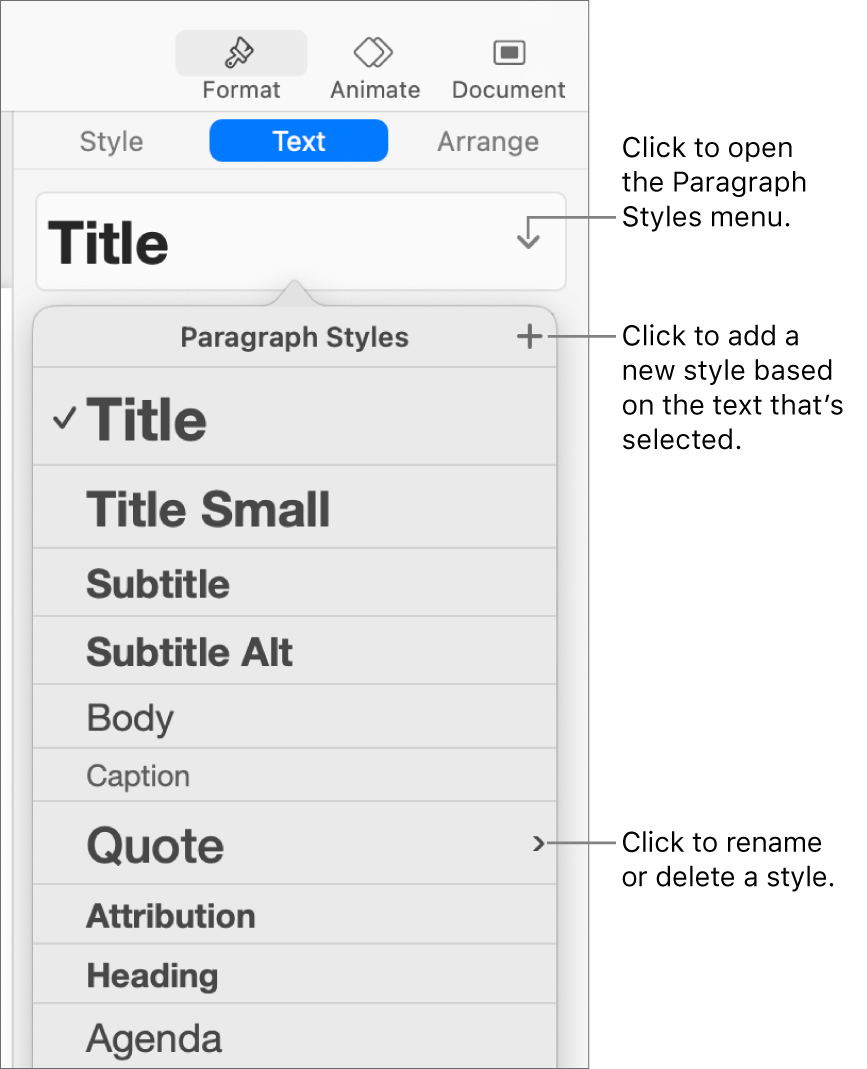 The Paragraph Styles menu, showing controls to add or change a style.