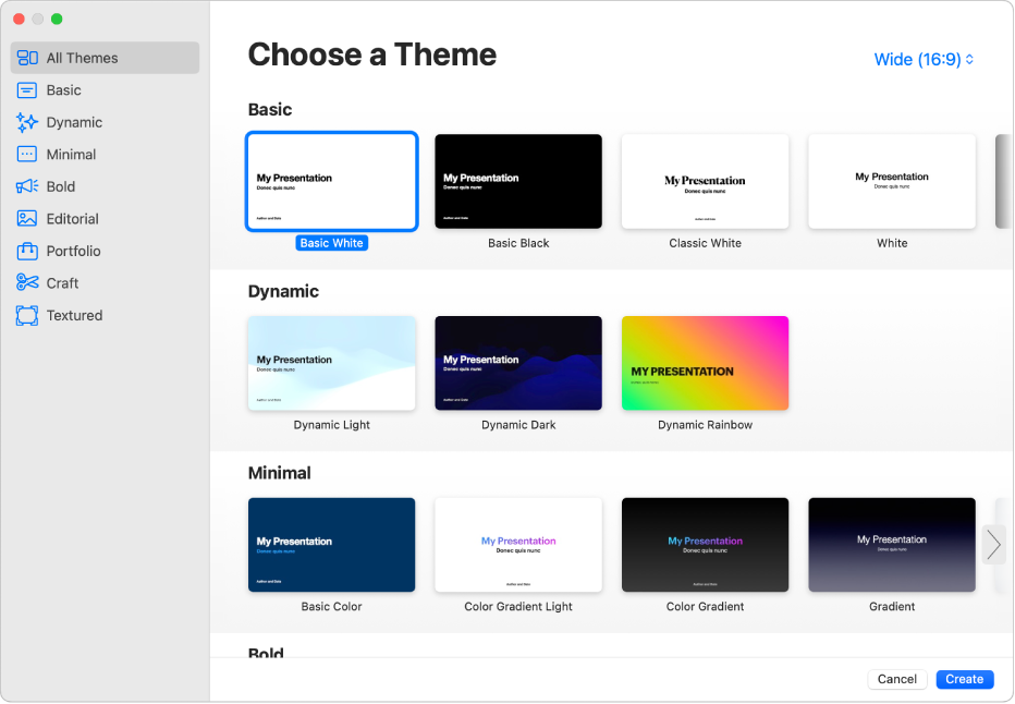 The theme chooser. A sidebar on the left lists theme categories you can click to filter options. On the right are thumbnails of predesigned themes, arranged in rows by category.