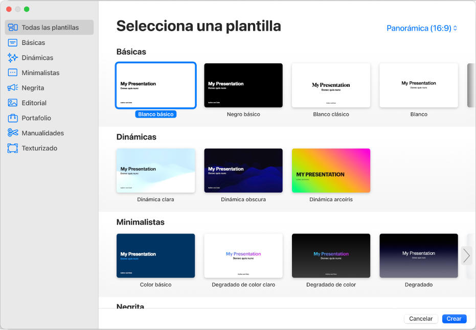 El selector de plantilla. A la izquierda aparece una barra lateral que muestra categorías de plantillas en las que puedes hacer clic para filtrar las opciones. A la derecha se encuentran miniaturas de plantillas prediseñadas organizadas por categoría.