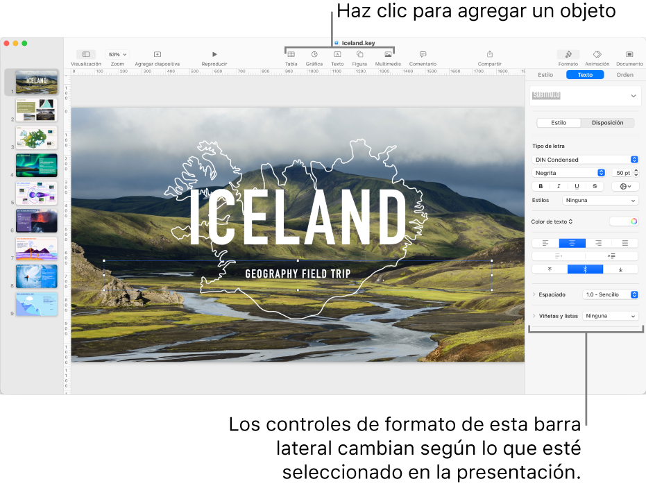 Los botones de Keynote en la barra de herramientas para agregar objetos y abrir la barra lateral.