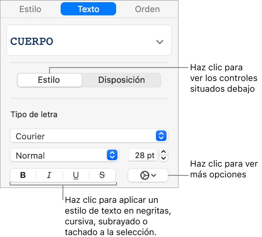 Los controles de estilo de la barra lateral con texto que indica los botones Negrita, Cursiva, Subrayado y Tachado.