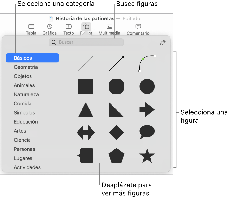 La biblioteca de figuras, con las categorías enumeradas a la izquierda y las figuras mostradas a la derecha. Puedes usar el campo de búsqueda de la parte superior para buscar figuras o desplazarse para ver más.