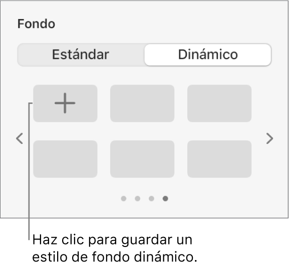 El botón Dinámico seleccionado en la sección Fondo de la barra lateral Formato con el botón Agregar estilo.