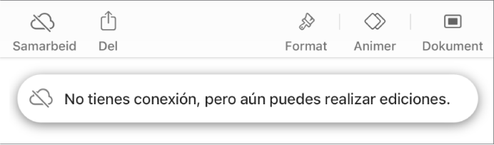 Los botones de la parte superior de la pantalla, con el botón Colaboración cambiado a una nube con una línea diagonal que la atraviesa. Un aviso en la pantalla dice “No tienes conexión, pero aún puedes realizar ediciones”.