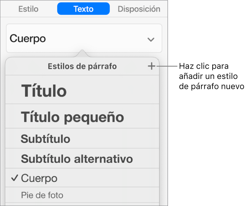El menú “Estilos de párrafo” con una llamada al botón “Nuevo estilo”