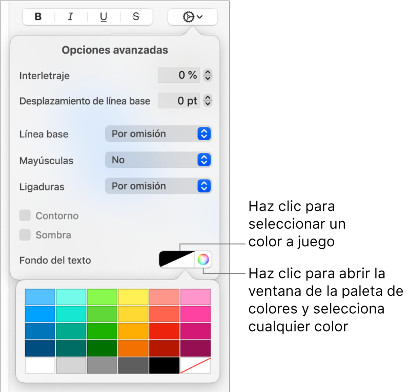 Controles para elegir un color de fondo para el texto.