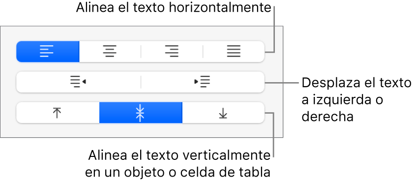 La sección Alineación de la barra lateral con botones para alinear el texto horizontalmente, mover el texto a izquierda o derecha y alinear el texto verticalmente.