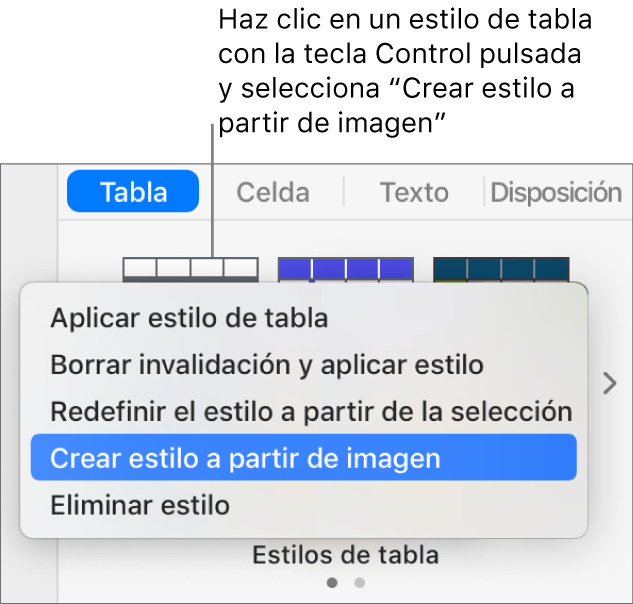 El menú de funciones rápidas de estilo de tabla.