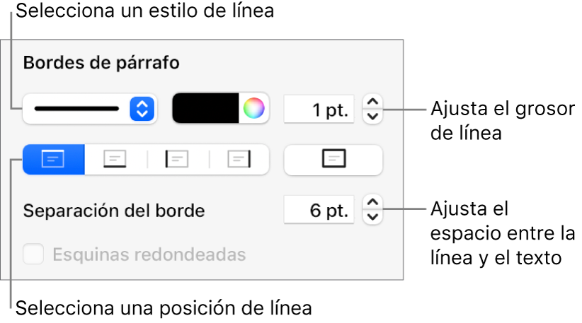 Controles para cambiar el estilo de línea, grosor, posición y color.