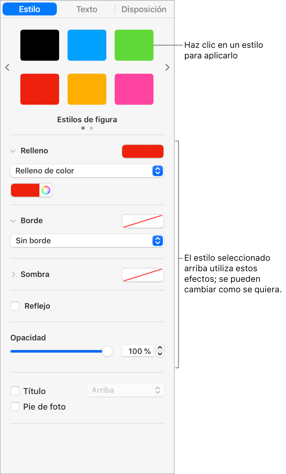 Estilos y opciones de figura en la sección Formato de la barra lateral.