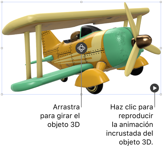 Un objeto 3D con el botón Girar en el centro del objeto y el botón Reproducir en la esquina inferior derecha.