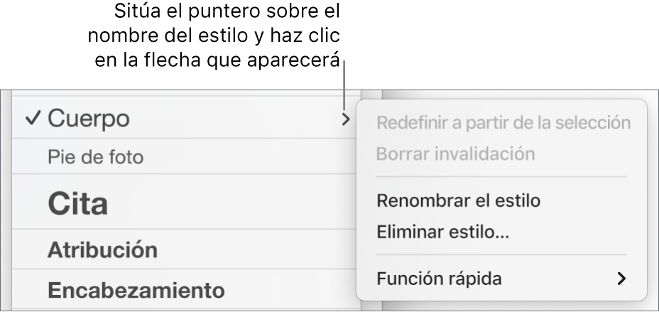 El menú “Estilos de párrafo” con el menú de función rápida abierto.