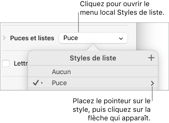 Le menu contextuel Liste des styles avec un style sélectionné et une flèche à l’extrême droite.