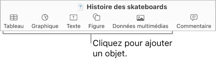 La barre d’outils Keynote avec les boutons Tableau, Graphique, Texte, Figure et Données multimédias.