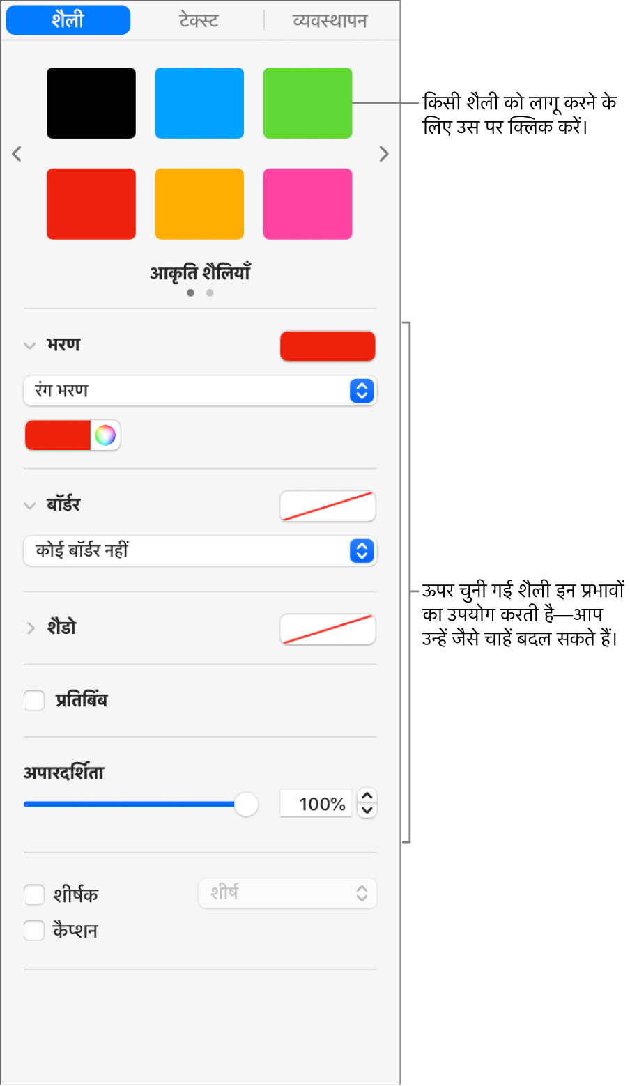 साइडबार के “फ़ॉर्मैट करें” सेक्शन में आकृति शैलियाँ और विकल्प।