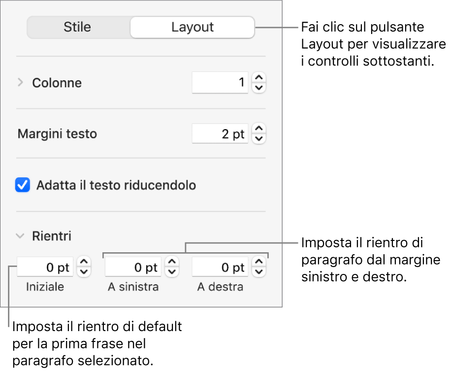Sezione Layout della barra laterale Formattazione con i controlli per impostare il rientro della prima riga e i margini dei paragrafi.
