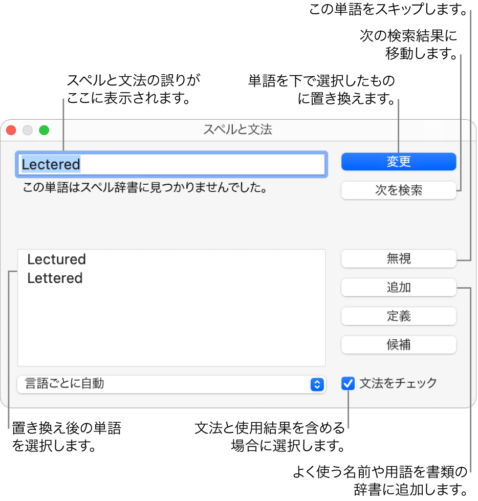 「スペルと文法」ウインドウ。