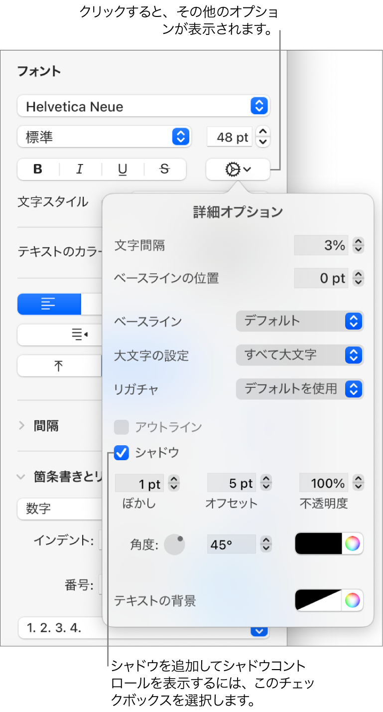 開いている「詳細オプション」。「シャドウ」チェックボックスが選択され、ぼかし、オフセット、不透明度、角度、およびカラーを設定するためのコントロールがあります。