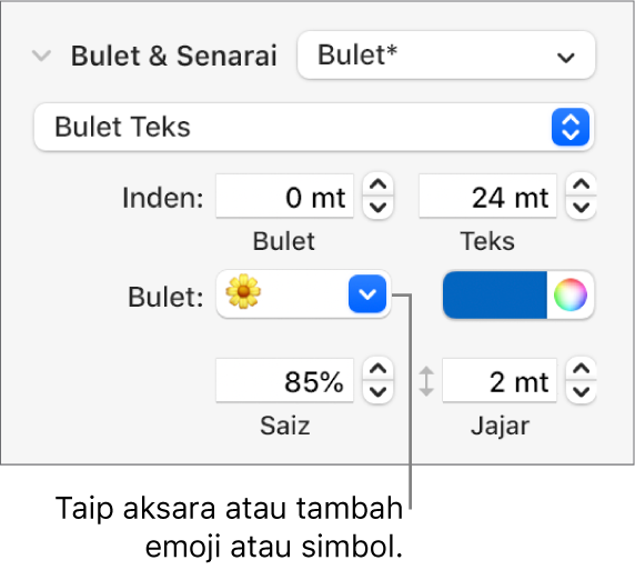 Bahagian Bulet & Senarai daripada bar sisi Format. Medan Bulet menunjukkan emoji bunga.