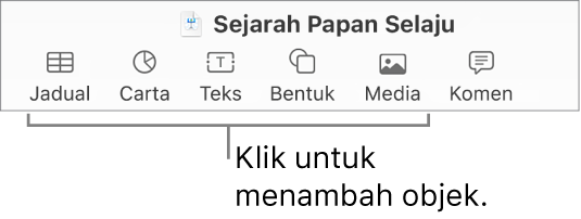 Bar alat Keynote dengan butang Jadual, Carta, Teks, Bentuk dan Media.