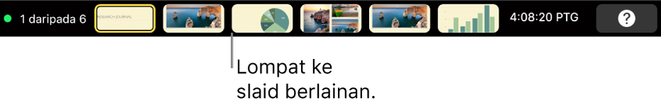 MacBook Pro Touch Bar dengan kawalan pembentangan untuk keluar daripada pembentangan, melompat ke slaid berbeza dan menukar paparan pembentang.