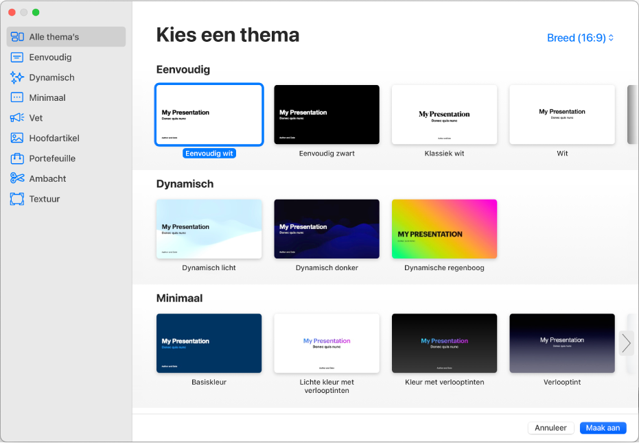 De themakiezer. De navigatiekolom aan de linkerkant bevat themacategorieën waarmee je de beschikbare thema's kunt filteren. Aan de rechterkant staan miniaturen van vooraf gedefinieerde thema's die per categorie zijn gerangschikt.