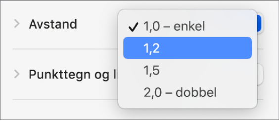 Avstand-lokalmenyen, med Enkel, Dobbel og andre alternativer.