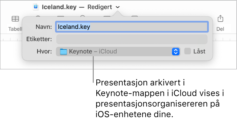 Arkiver-dialogruten for en presentasjon med Keynote – iCloud i Hvor-lokalmenyen.