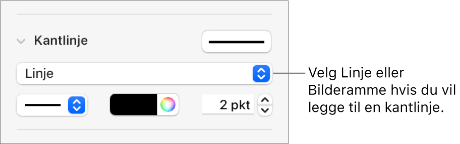 Kantlinje-stilkontrollene i Format-sidepanelet, med Linje valgt som kanttype.