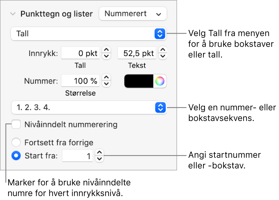 Kontrollene for å endre nummereringsstilen og avstanden for en liste.