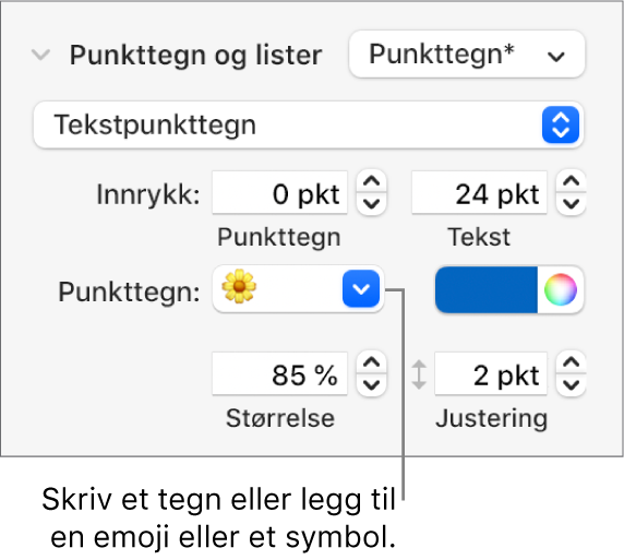 Punkttegn og lister-delen i Format-sidepanelet. Punkttegn-feltet viser en blomsteremoji.