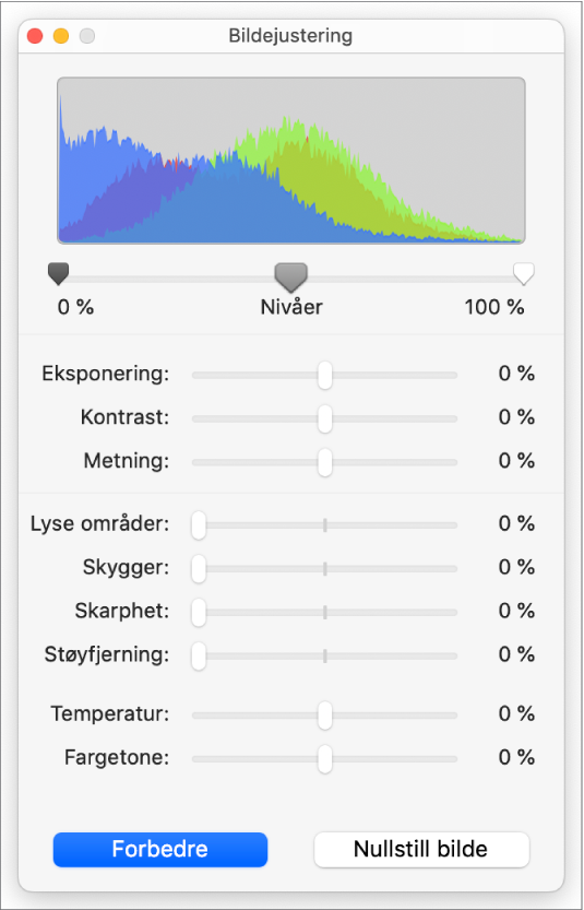 Bildejustering-vinduet, med skyveknapper for å angi eksponering, kontrast, metning, lyse partier, skygger, skarphet, støy, temperatur og fargetone.