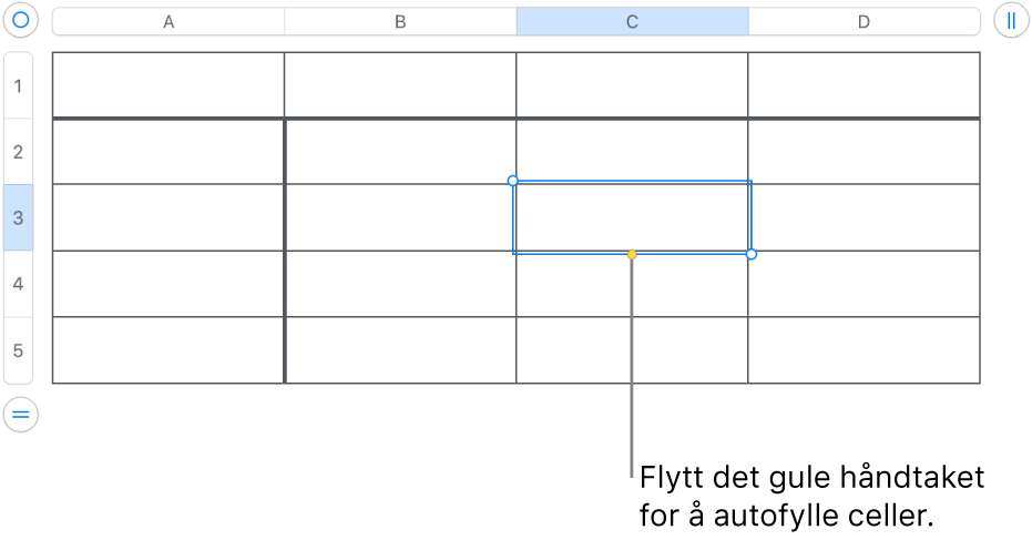 En markert celle med et gult håndtak som du kan dra i for å autoutfylle celler.