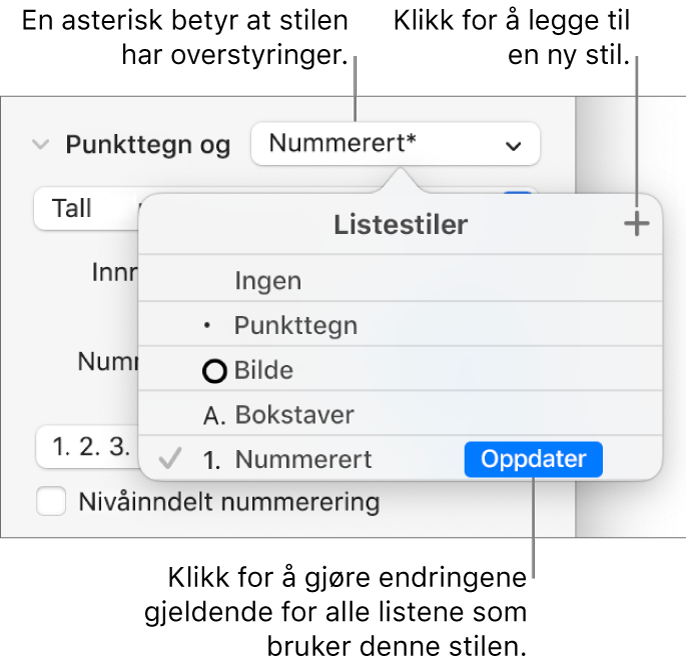 Listestiler-lokalmenyen, med en stjerne som indikerer en overstyring, bildeforklaringer til Ny stil-knappen og en undermeny med valg for håndtering av stiler.