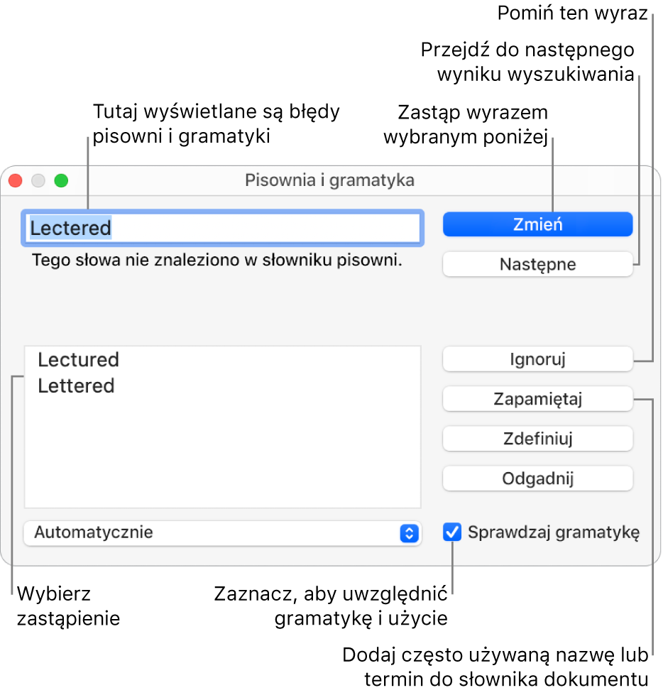 Okno pisowni i gramatyki.