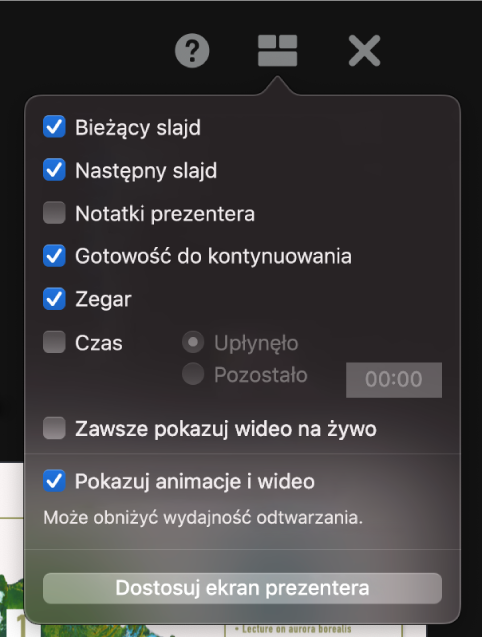 Opcje ekranu prezentera, w tym Bieżący slajd, Następny slajd, Notatki prezentera, wskaźnik gotowości do kontynuowania, Zegar oraz Czas. Licznik czasu pozwala na wyświetlanie czasu od rozpoczęcia lub czasu pozostałego do końca.