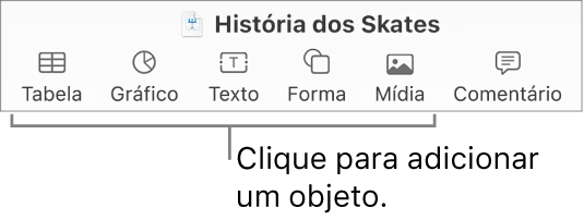 A barra de ferramentas do Keynote mostrando os botões usados para adicionar um objeto a um slide.